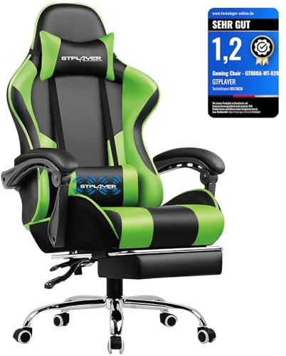 GTPLAYER Sedia da ufficio, da gaming, da gaming, ergonomica, con poggiapiedi, poggiatesta, cuscino lombare, imbottito, sedia girevole verde