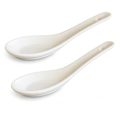 White and black Series ASIATICA | Porzellan-Löffel Set Asien | 13 cm - für Reis, Suppen - zum Servieren von Desserts - Spoon-Set Ramen (2er Set weiß)