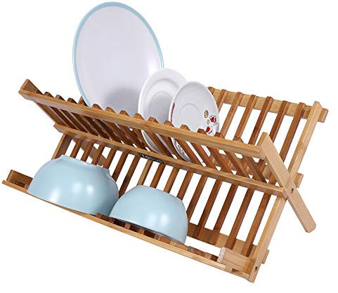 AKLOSIPY Escurreplatos Plegable de Madera de Doble Nivel para Fregadero, Escurridor de Platos, Soporte para Secador de Platos para Cocina, Escurridor de 2 Niveles, Estante de Secado para