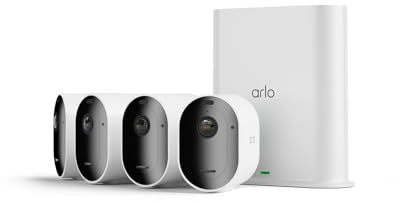 Arlo Pro 5 Security Camera Outdoor Wireless with SmartHub Local Storage, 2K Outdoor Camera Kit with Rechargeable Battery, Free Trial of Secure, Advanced Colour Night Vision, 4 Cameras, White