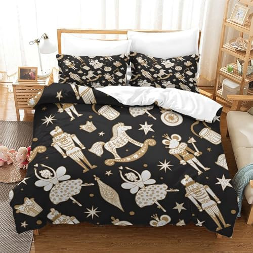 Christmas Nutcracker Pattern Duvet Cover Set 3 Pieces Soft Microfiber Comforter Cover Quilt Cover for Kids Boys Girls Bedroom Bedding Set Breathable Decor Ultra Soft Durable Single（140x200cm）