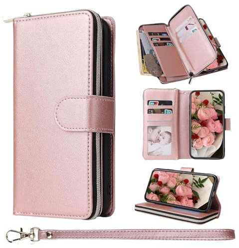 ZCDAYE Leather Wallet Case for Samsung Galaxy S24 Plus/S25 Plus, Rose Gold | Practical Flip Case with Card Holder, Wrist Strap, Zipper Pocket, Magnetic Closure, Elegant Women Cases Phone Cover Holster