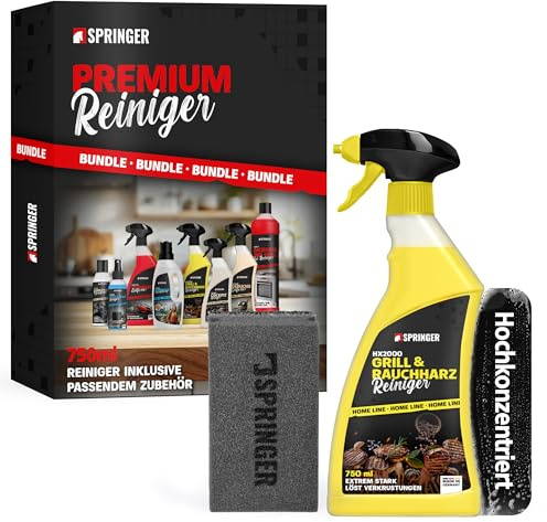 SPRINGER HX2000 Grillreiniger 750 ml + Grillschwamm | Made in Germany | Backofen- & Rauchharzentferner für hartnäckigen Schmutz & Eingebranntes | für Guss, Edelstahl & Glas