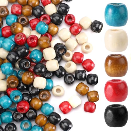 150 Stk Holzperlen mit Großem Loch, 5 Farben Lose Vintage Holzperlen 1,1x1,2cm Haarperlen für Zöpfe Abstandsperlen für Haare Basteln Schmuckherstellung Girlande