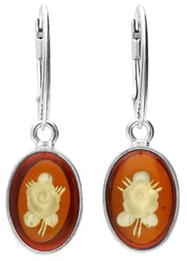 Sterling Silver Amber Engraved Rose Cameo Drop Earrings, Oval Design, Leverback Closure
