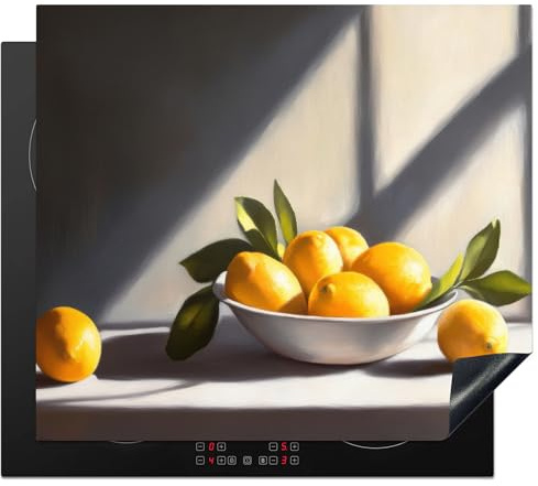 KitchenYeah© Herdabdeckplatte Einteilig Induktionsmatte Küche Abdeckung | 60x52 cm - Ceranfeld Herd Abdeckplatte Deko Vinyl Matte Aufrollbar Zitronen - Stilleben - Gelb