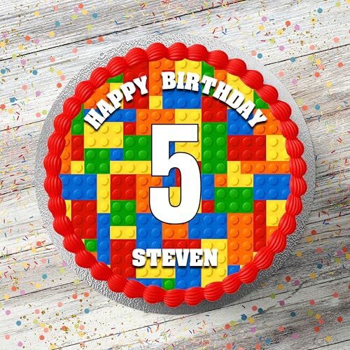 Coloured Building Bricks Personalised Edible Icing Cake Topper, 7.5 Round