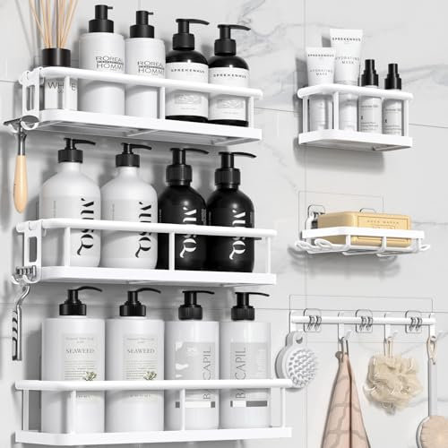 YASONIC Organizador de ducha de gran capacidad con soporte para jabón y 12 ganchos, estantes de ducha inoxidables para regadera interior, sin taladrar, elegantes organizadores de baño y almacenamiento