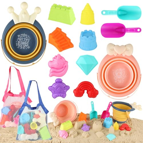 Yrkidstoi Beach Sand Toys, 2 Collapsible Buckets and Spade Set with Mesh Bags and Sand Moulds,Sandpit Toys for Kids Toddlers Summer Outdoor Travel Toy Holiday Essentials