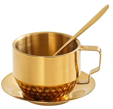 YIZITU Juego de tazas de café de doble pared de acero inoxidable con aislamiento térmico con cuchara y platillo, tazas de té, taza de leche