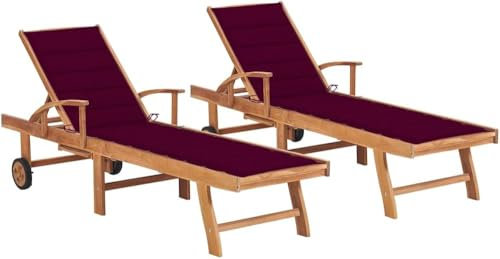 Teak solstolar i trä 2 st med vinröd kudde, justerbart ryggstöd utomhus loungestolar för pooldäck uteplats trädgård liggande schäslong