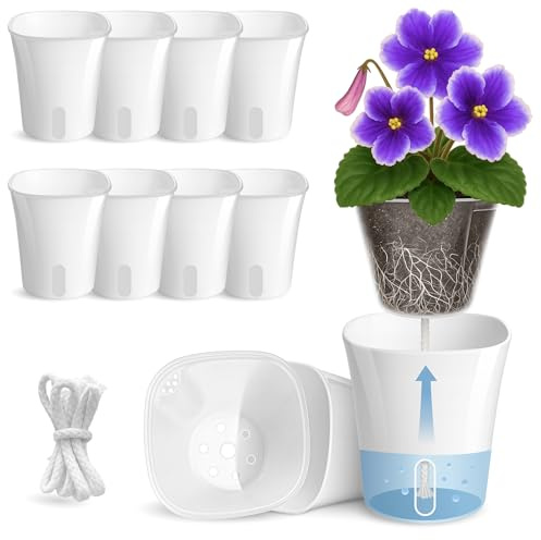 Vandorelle 10 Pack 3 Self Watering Pots for Indoor Plants, Clear Inner Cup, Small White Plastic Planters, Water Level Indicator, Drainage Holes, Extra 3ft Wick, Cuttings,Seedlings,Herb,African Violet