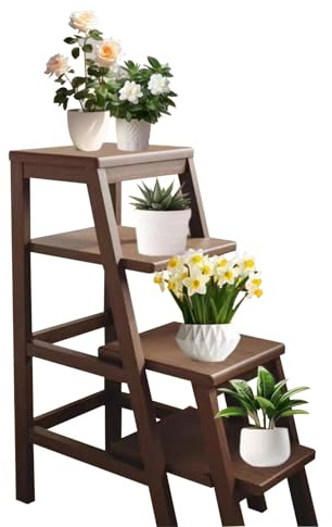 Scala per biblioteca con 4 ripiani, sgabello e sedia estraibili, sgabello multifunzionale in legno, scala e sedia in legno, espositore e ripiano portaoggetti(Brown step ladder)