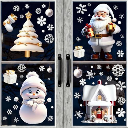 114PCS Christmas Snowflake Window Clings Stickers for Glass, White Stereo Static Sticker Xmas Decals Christmas Decorations Indoor Holiday Snowflake Santa Claus Snowman Decals for Party