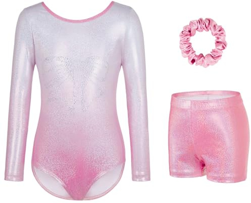 Gymnastics Leotards for Girls - Sparkling Gradient Design, Girls' Three-Piece Sleeve Gymnastics Leotard Set with Shorts for Ballet & Dance (Light Pink, Tag 6A(5-6 Years))
