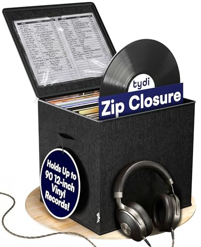 Tydi Vinyl Record Storage Box with Zip Closure – Holds Up to 90 12 Inch Vinyl Records – Collapsible Crate, LP Storage Boxes, Records Box – Home Storage Use Vinyl Storage Box
