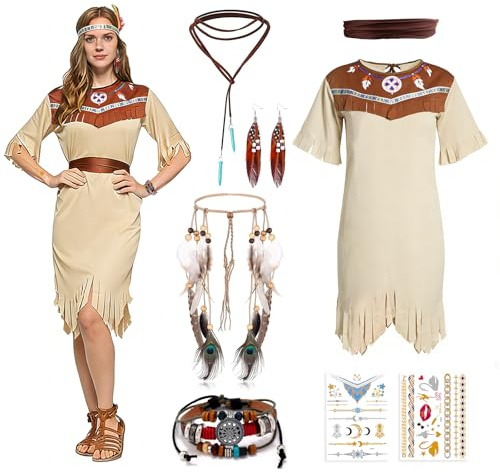 ZJKUBOIS Indianer Kostüm Damen,Kostüm Indianer Damen Set 7 Stück mit Indianer Kopfschmuck,Tattoos,Stirnband, Damenkleid,Indianerkostüm Für Erwachsene Schwarz Zu Karneval Fasching