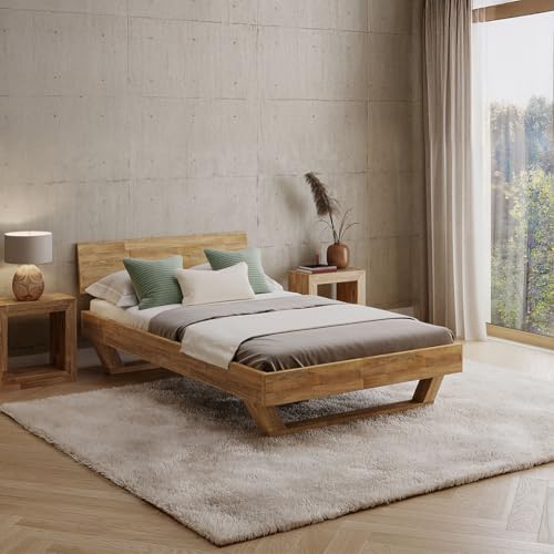skølm Nornir Massivholzbett 120x200 cm, Bett mit Kopfteil, Massivholz Eiche | Bettrahmen mit 1 Strebe & Kufen Bettbeine, aus Massivholz, hochwertiges Holzbett, Bettgestell geölt, geeignet als Doppelbett