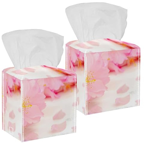 Lot de 2 boîtes à mouchoirs carrées en cuir avec fleurs roses de cerisier japonais pour coiffeuse, commode, table de nuit, comptoir, bureau, voiture