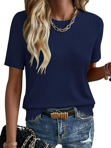 KISSMODA Womens Summer Tops Casual Crewneck Short Sleeve Jumpers Solid Hollow Out Knitted Loose Sweater Blouses Basic Trendy Knitwear