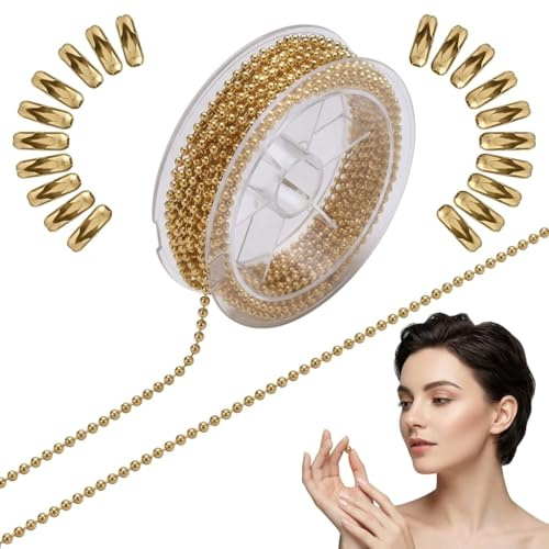 5M Edelstahl Kugelkette,2mm Perlen Rollenkette,Mit 20 Stk Kugelketten Verbinder,Mit AnschlüSsen,Kette Zum Aufhängen,Verlängerungskette,Zum DIY Schlüsselanhänger,Armbänder,Halsketten(golden)