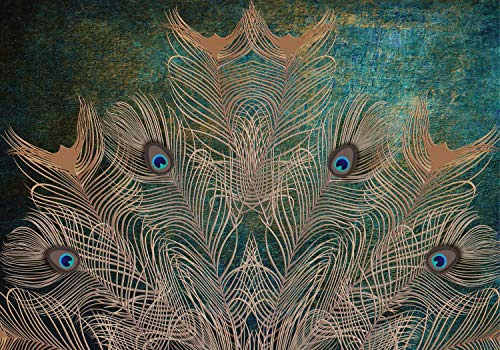 wandmotiv24 Photo murale Art vintage S 200 x 140cm - 4 pièces photo, papier peint non tissé Plumes, mur, vert M1834