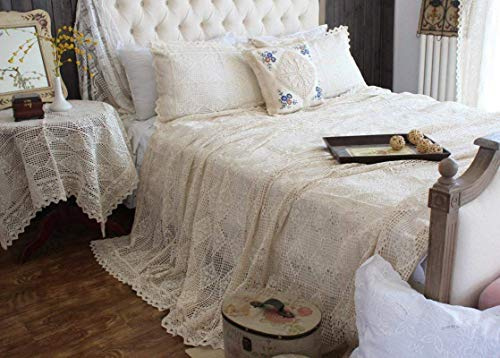 ABREEZE Vintage Cotton Bedding Set Hand Crochet Bedspread Hook Floral Beige Lace Bed Spread with Pillowcases 3Pcs,King