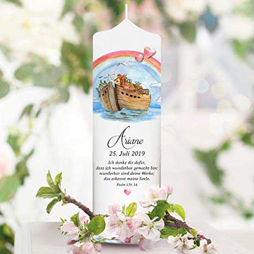 Taufkerze Arche Noah mit Tieren und Wunschdaten - Kerze zur Taufe, Geburt oder Kommunion – weiß 25 x 7 cm mit Name, Datum, ggf. Taufspruch / / Kerze 25x7 cm (abgebildeter Taufspruch)