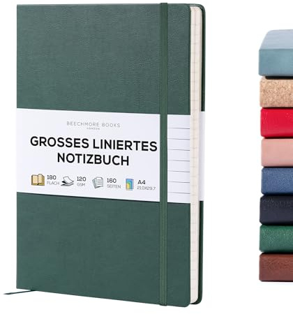Beechmore Books Notizbuch liniert - XL A4, Grün I Premium Hardcover Journal Buch aus veganem Leder, 120gsm creme Papier, Geschenkbox, für Schriftsteller, Journalisten, Meetings & Studenten | Großes Hardcover-Executive-Tagebuch, Journaling-Notizbuch für die Arbeit, flache Bindung zum Schreiben und tägliche Notizen