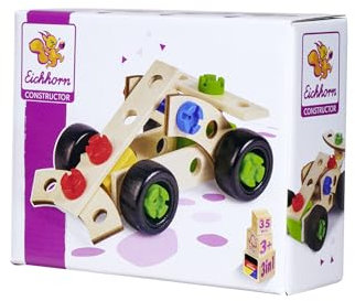Eichhorn - Constructor Rennauto, vielseitiges Holzspielzeug, 35 Teile, 3 Verschiedene Konstruktionen, 100 Prozent FSC zertifiziertes Buchenholz, ab 3 Jahren