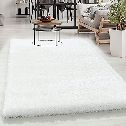 Carpetsale24 Teppich Wohnzimmer Shaggy Einfarbig Design 80 x 250 cm Weiß - Hochflor Teppich Schlafzimmer Luxuriöse Kuschelig und Super Weich Flauschiger Teppich Langflor 50 mm Florhöhe Läufer