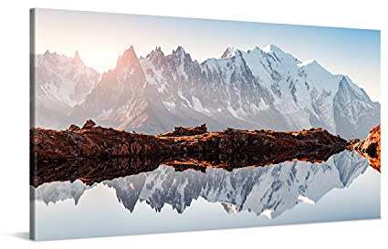 PICANOVA – Bild auf Leinwand Monte Bianco Alpen Bergsee Chesery 100x50cm Leinwandbild – Premium Leinwanddruck – Wandbild Kunstdruck Auf 2cm Holz-Keilrahmen Wohnzimmer Wanddekoration – Berge