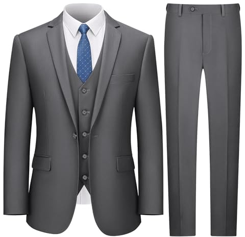 LUPURTY Kostymer för män, 3-delad herrdräkt smal passform, solid jacka väst byxor med slips, en knapp smoking set, Mörkgrått, XS