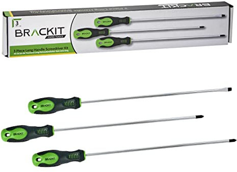 Brackit 3 Piece Long Handed Screwdriver Set – Phillips, Pozi and Slotted Head – for Extra-Long Reach and with Magnetic Tips