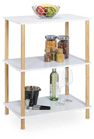 Relaxdays Standregal, 3 Ebenen, MDF & Bambus, HBT: 79 x 60 x 40 cm, Küchenregal stehend, Badezimmerregal, weiß/Natur