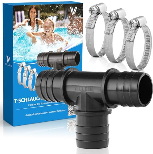 Villkin Raccordo a T con 3 fascette stringitubo per piscina – 38 mm – Raccordo a T per tubi piscina nero