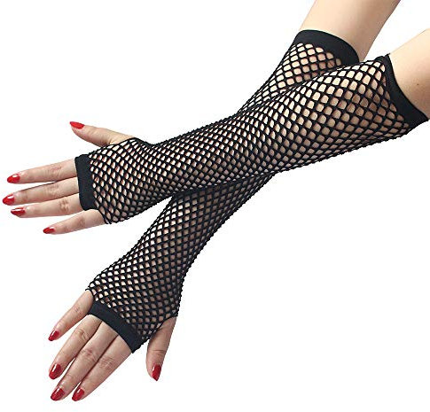 Damen Lange Netz Handschuhe,Frauen fingerlose Fischnetz lange Handschuhe Elastische Nylon Mesh Handgelenk Handschuhe Abendhandschuhe für 80er Jahre Mottoparty Kostüm Zubehör Halloween,Schwarz