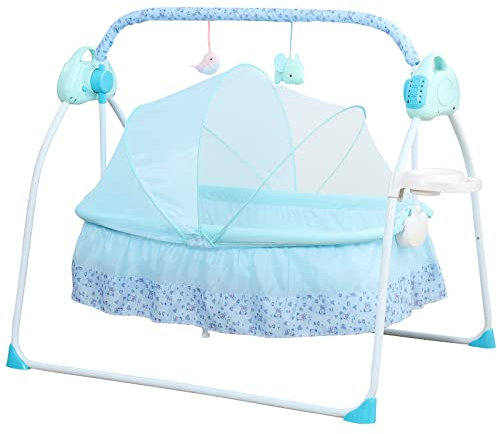 Elektrische Babybett Baby Wiege Automatische Infant Rocker Babywippe 5 Geschwindigkeiten Babyschaukel Bluetooth Schaukelstuhl mit Fernbedienung Musik Und Timer (Blue)
