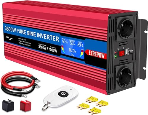 ETREPOW 3500W Spannungswandler 12V auf 230V Reiner Sinus Wechselrichter | 2 EU-Steckdosen & USB-Anschluss,Kabellose Fernbedienung & LCD-Display,Ideal für Wohnmobil, Camping, Auto & Boot