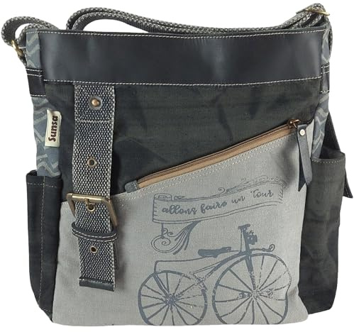 Sunsa Damen Umhängetasche.Fahrradmotiv Schultertasche, grau/schwarz Tasche | Canvas & Leder Handtasche, Vintage Damentasche mit viel Fächer & verstallbare Henkel. Große Crossover Damentasche