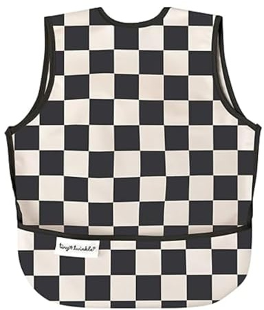 Tiny Twinkle Mess Proof Baby Bib for Boys | Waterproof Toddler Bib for Eating | Baby Apron for Feeding, Machine Washable | Perfect Shower Gift (Black Checkers, 6–24M)
