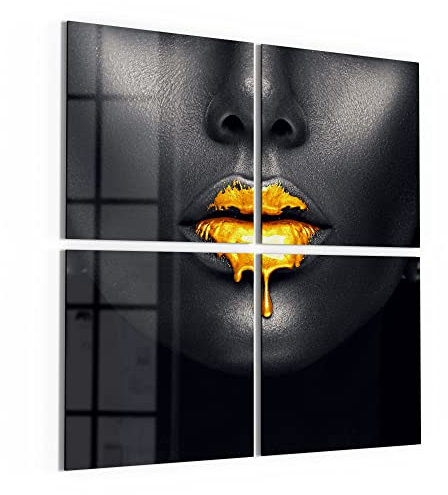 DEQORI Immagini in vetro acrilico, motivo labbra dorate, quadrate, 4 pezzi, 100 x 100 cm, grande decorazione XXL, decorazione da parete per soggiorno, camera da letto, corridoio e cucina, moderna