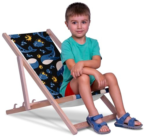 DreamRoots Kinder Liegestuhl Holz Gr. S, Whales | Klappbarer Campingstuhl faltbar, für Garten & Strand, bis 130 kg, waschbarer Bezug, 100% Polyester, UV-beständig, Kinderliege