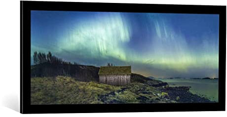 kunst für alle Bild mit Bilder-Rahmen: Christer Olsen Aurora-Panorama - dekorativer Kunstdruck, hochwertig gerahmt, 100x40 cm, Schwarz matt