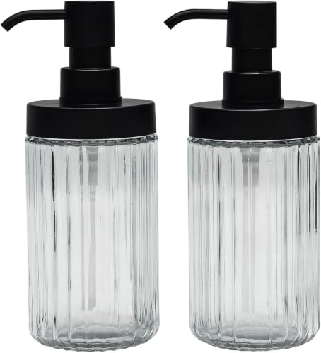 Premium Suanti 2-Pack Ribbed Glass Soap Dispenser Set for Bathroom & Kitchen Sink,Easy Refill Wide-Mouthed Soap Bottle with Matte Black Pump for Liquid Hand Dish Soap, Shower Gel, Shampoo-425ml, Clear