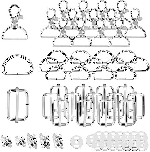 Drehbare Karabinerhaken Mit Drehgelenk Schlüsselanhänger D-Ringe Triglide-Schiebeschnalle Gurtversteller Metall Magnetknöpf Schnallen und Verschlüsse für DIY Nähen Zubehör (25mm, Silber, 50)