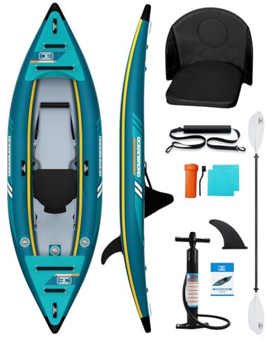 OCEANBROAD V1-320 Inflatable Sit-in Kayak(NO HIN) for Adults with Paddle, Kayak Seat, Pedal, Hand Pump and Bag, 3.2m/10ft 1-Person Kayak, Blue