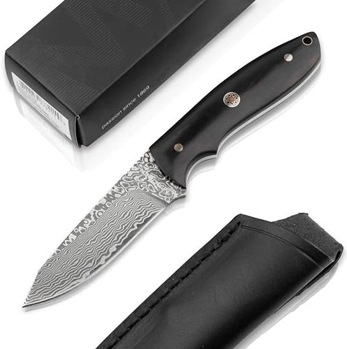 Magnum BÖKER Vernery Couteau de chasse en acier damassé avec fourreau en cuir noir – Couteau de ceinture avec lame Droppoint 67 couches – Couteau de chasse Damas avec manche en bois d'ébène