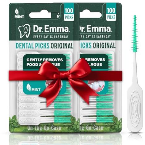 Dr. Emma Original Dental Picks Mint Soft Rubberized Tooth Picks Easy to Use Brush Picks 100Ct/Pack, 2 Packs (200Ct)
