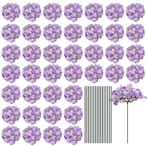 QUARKZMAN Seta Artificiale Ortensia Fiori, Viola Chiaro Artificiale Fiori Teste con Steli, Completi Ortensia Fiori per Matrimonio Centrotavola, Festa Decorazione 64 Set